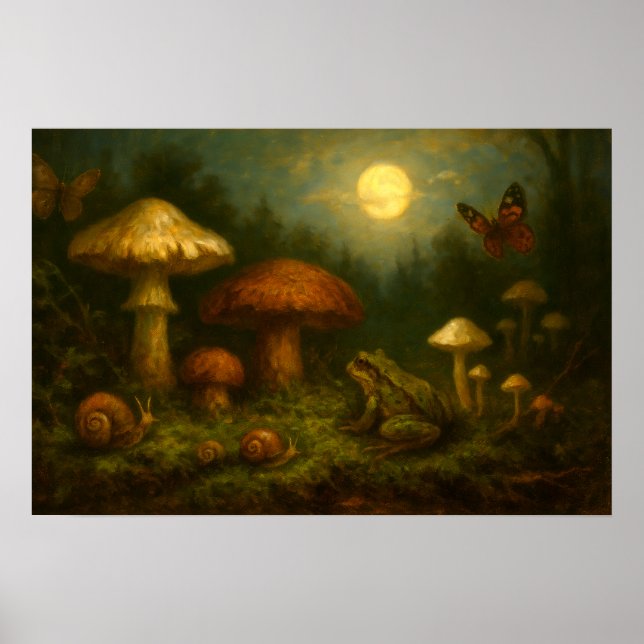 Goblincore Mushrooms, Snails & Frog In Moonlight Poster (Front)