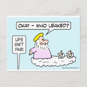 God asks angels who leaked. postcard