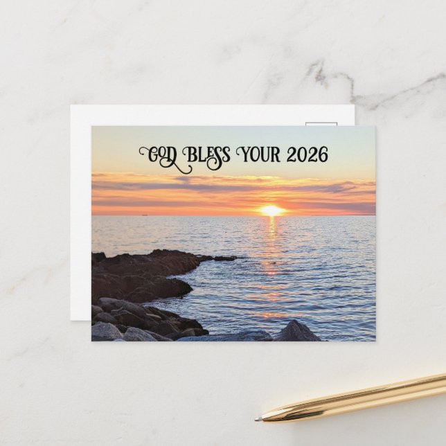 God Bless 2026 New Year Golden Sunset Photo Holiday Postcard (Front/Back In Situ)
