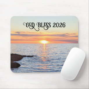 God Bless 2026 New Year Golden Sunset Photo Mouse Pad