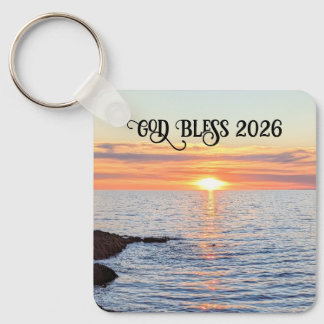 God Bless 2026 New Year Golden Sunset Photo Name Key Ring