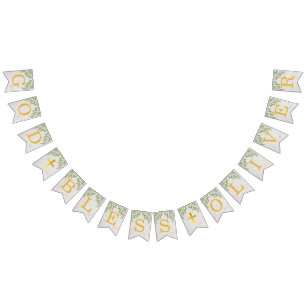 God Bless 6 Letters Foliage Gold Baptism Communion Bunting