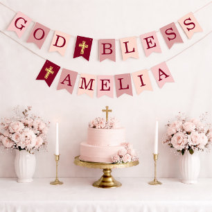 God Bless 6 Letters Girl Pink Baptism Confirmation Bunting