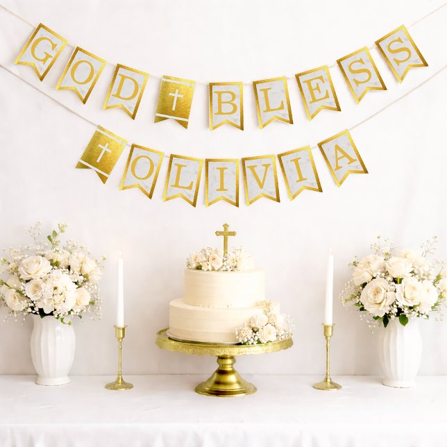 God Bless 6 Letters Gold Marble Baptism Communion Bunting (Creator Uploaded)