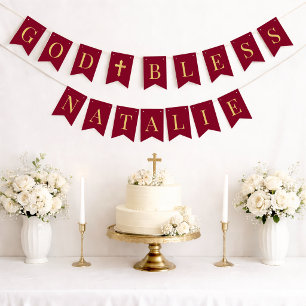 God Bless 7 Letter Burgundy Gold Girl Confirmation Bunting