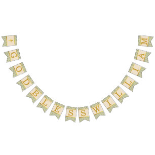 God Bless 7 Letters Green Leaves Baptism Communion Bunting