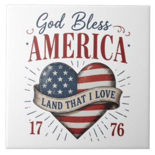 God Bless America 250th Patriotic Heart Flag Ceramic Tile