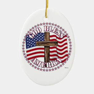 God Bless America and Cross With USA Flag 50 Stars Ceramic Ornament