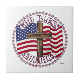God Bless America and Cross With USA Flag 50 Stars Ceramic Tile
