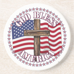 God Bless America and Cross With USA Flag 50 Stars Coaster