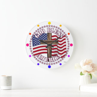 God Bless America and Cross With USA Flag 50 Stars Large Clock