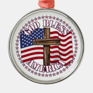God Bless America and Cross With USA Flag 50 Stars Metal Tree Decoration