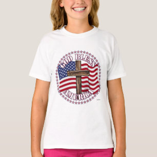 God Bless America and Cross With USA Flag 50 Stars T-Shirt