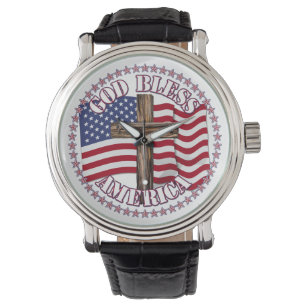 God Bless America and Cross With USA Flag 50 Stars Watch