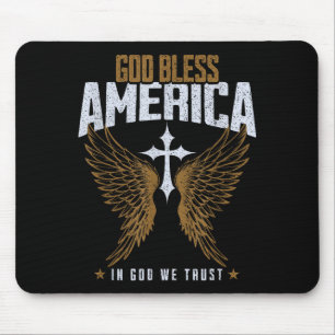 God Bless America Christian Cross & Angel Wing Mouse Pad