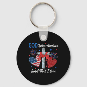 God Bless America Christian Heart Cross Jesus 4th Key Ring