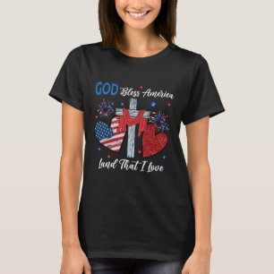 God Bless America Christian Heart Cross Jesus 4th T-Shirt