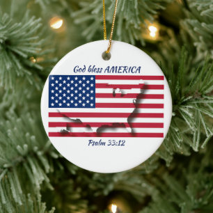 GOD BLESS AMERICA Flag Custom Scripture WHITE Ceramic Ornament