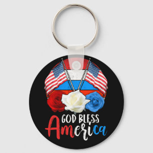 God Bless America Flower USA Flag Independence Day Key Ring