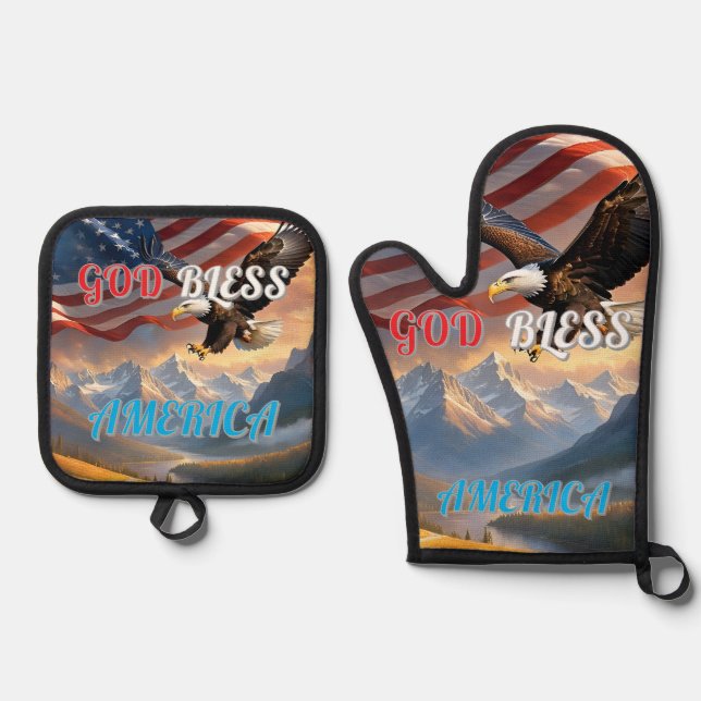 GOD BLESS AMERICA OVEN MITT & POT HOLDER SET (Front)