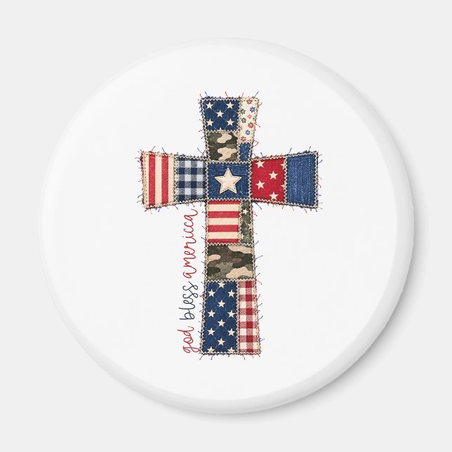 God Bless America Patchwork Cross Magnet (Front)