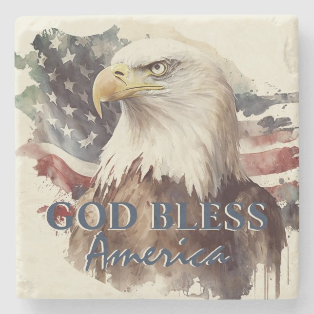 God Bless America Patriotic Eagle Watercolor Stone Coaster (Front)