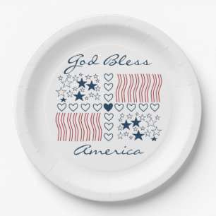 God Bless America Patriotic Stars Stripes Hearts Paper Plate