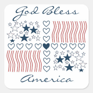 God Bless America Patriotic Stars Stripes Hearts Square Sticker