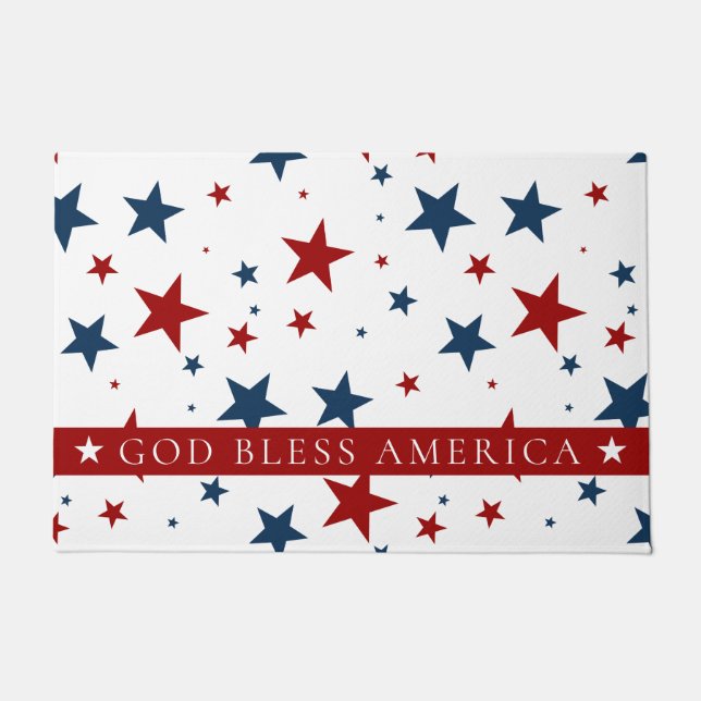 God Bless America Red Blue USA Stars Pattern Doormat (Front)
