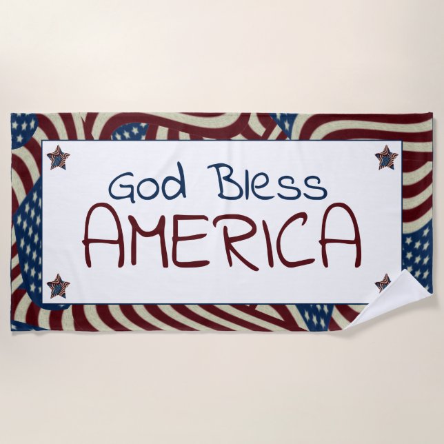 God Bless America Red White Blue Flags Beach Towel (Front)