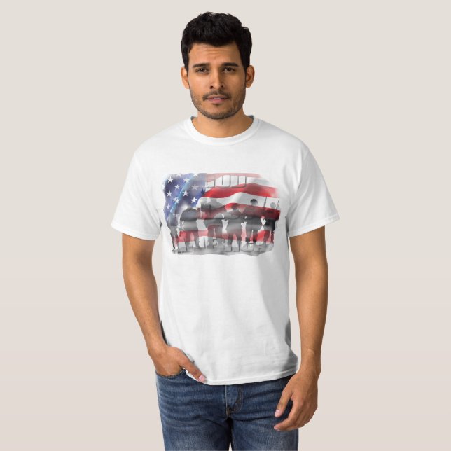 God Bless America soldiers on the flag T-Shirt (Front Full)