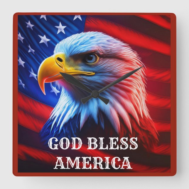 God Bless America US Flag Bald Eagle Square Wall Clock (Front)