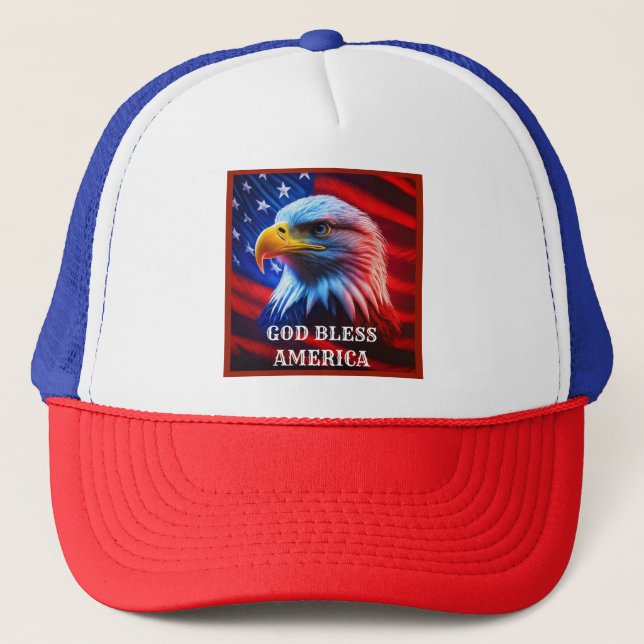 God Bless America US Flag Bald Eagle Trucker Hat (Front)