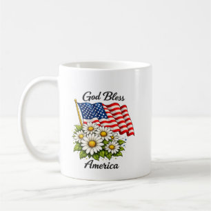 God Bless America USA Flag and Daisies Floral Art Coffee Mug