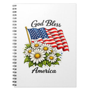 God Bless America USA Flag and Daisies Floral Art Notebook