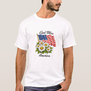 God Bless America USA Flag and Daisies Floral Art T-Shirt