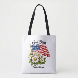 God Bless America USA Flag and Daisies Floral Art Tote Bag