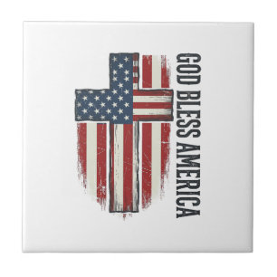 God Bless America Vintage Patriotic Cross Design_1 Ceramic Tile