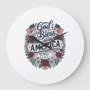 God Bless America Vintage Patriotic Floral Large Clock