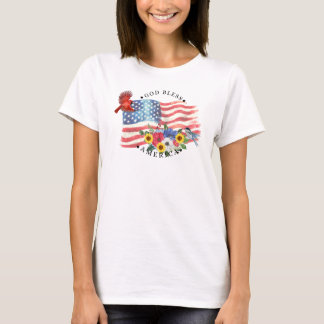 God Bless America Watercolor Flag/Flowers/Birds 3 T-Shirt