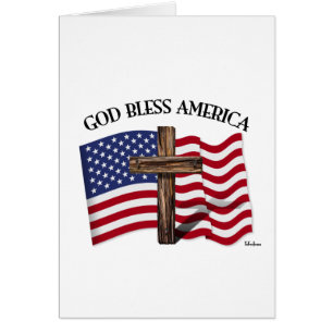 GOD BLESS AMERICA with rugged cross & US flag
