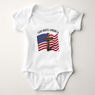 GOD BLESS AMERICA with rugged cross & US flag Baby Bodysuit