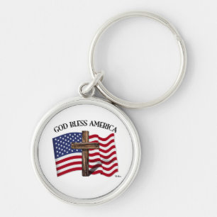 GOD BLESS AMERICA with rugged cross & US flag Key Ring
