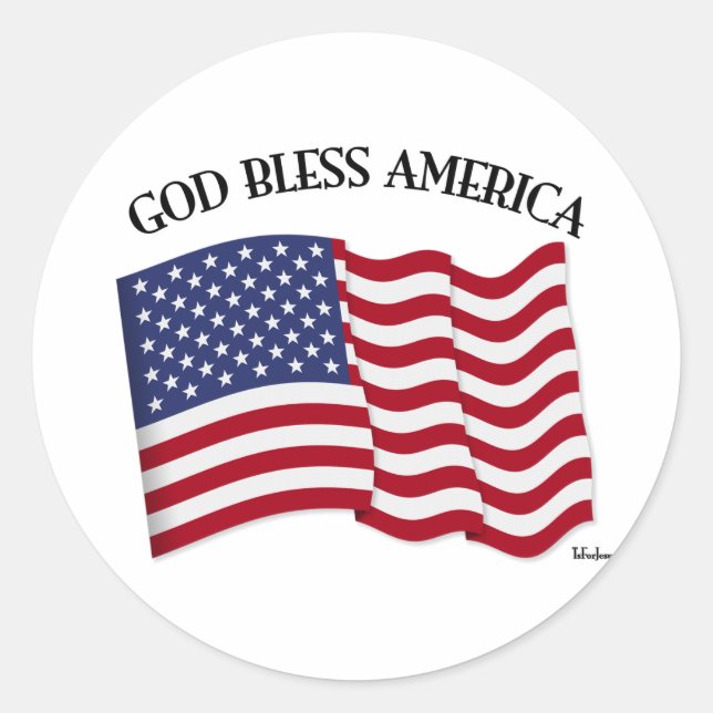 GOD BLESS AMERICA with US flag Classic Round Sticker (Front)
