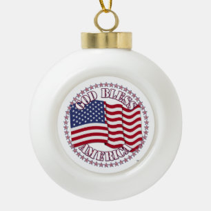 God Bless America With USA Flag And 50 Stars Ceramic Ball Christmas Ornament