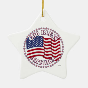 God Bless America With USA Flag And 50 Stars Ceramic Ornament
