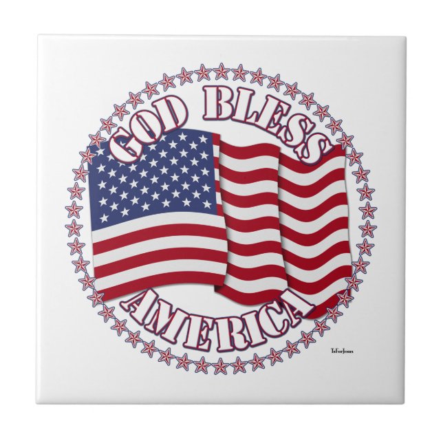 God Bless America With USA Flag And 50 Stars Tile (Front)