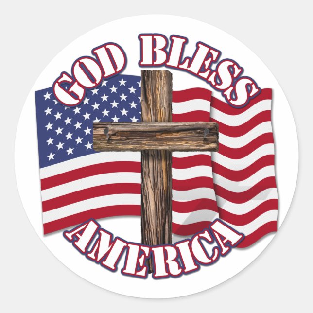 God Bless American with USA Flag & Cross Classic Round Sticker (Front)