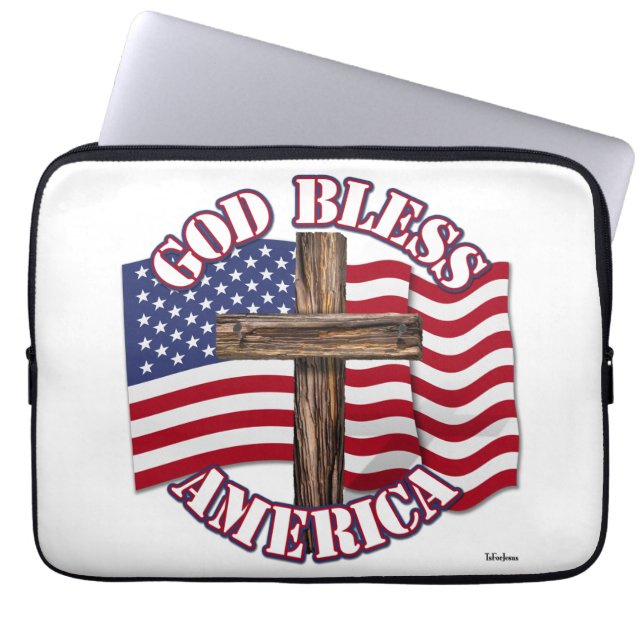 God Bless American with USA Flag & Cross Laptop Sleeve (Front)