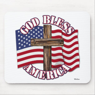 God Bless American with USA Flag & Cross Mouse Pad